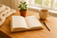a journal on a desk by the window with a plant, a cozy blanket and a cup of tea