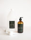Hand soap bottles with pump and bar on a white background